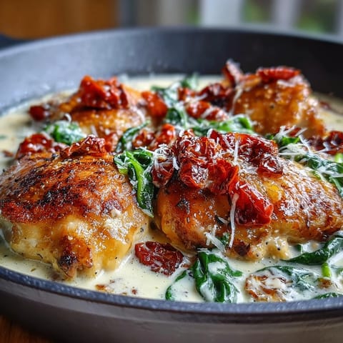 Creamy Tuscan Chicken Skillet with tender chicken in rich garlic cream sauce, sun-dried tomatoes, and wilted spinach.