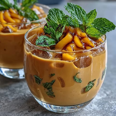 Mango Peach Iced Tea with Mint: A vibrant, chilled beverage blending sweet mango and peach with fresh mint, served over ice with fruit slices for a refreshing summer drink.