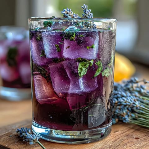 A tall glass of iced lavender lemonade with fresh mint leaves, garnished with lemon slices and a sprig of mint.