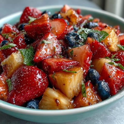 Bright strawberry lemonade fruit salad with juicy berries, tropical pineapple, and a tangy citrus glaze, perfect for a summer picnic.