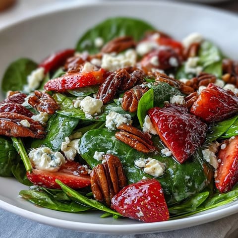 Vibrant spring strawberry spinach salad with fresh berries, creamy goat cheese, and crunchy candied pecans, tossed in tangy balsamic dressing.