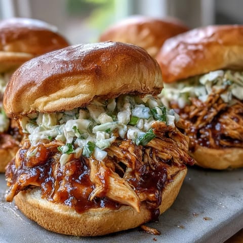 Pulled BBQ Chicken Sandwiches with tender shredded chicken and tangy sauce on soft buns.