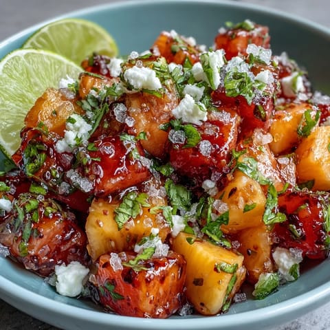 Tropical mango, pineapple, and watermelon tossed with zesty lime and chili for a refreshing, colorful fruit cup.  