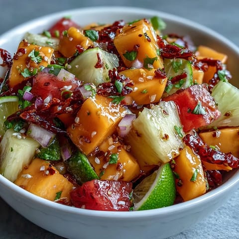 Vibrant fruit cups featuring ripe mango, pineapple, and watermelon with a spicy lime-chili kick, perfect for summer snacking.  