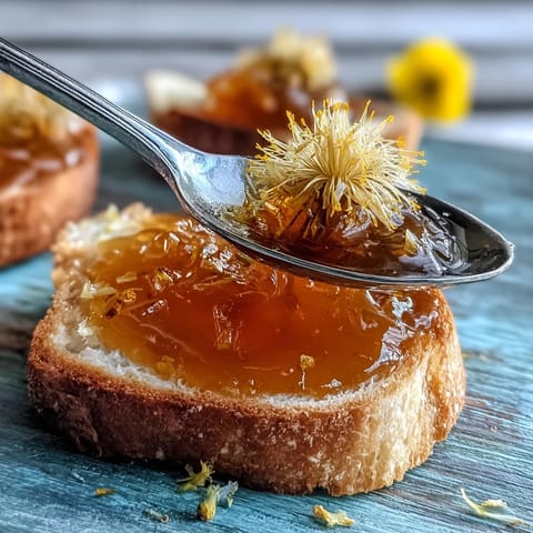 Bright, golden dandelion jelly with lemon and honey, perfect for spreading on warm toast or drizzling over yogurt.