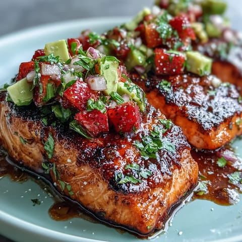 Freshly grilled salmon fillets crowned with a bright strawberry avocado salsa, ideal for summer.
