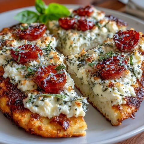 Viral cottage cheese flatbread with vibrant pesto and juicy tomatoes, ready to enjoy.