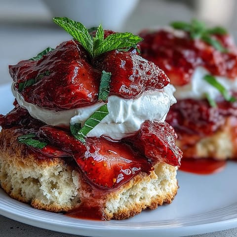 Bright Strawberry Basil Shortcake Biscuits piled high with fresh berries and cream.