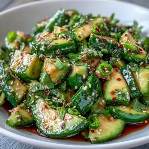Vibrant smashed cucumber avocado salad with toasted sesame seeds, a light, refreshing side.