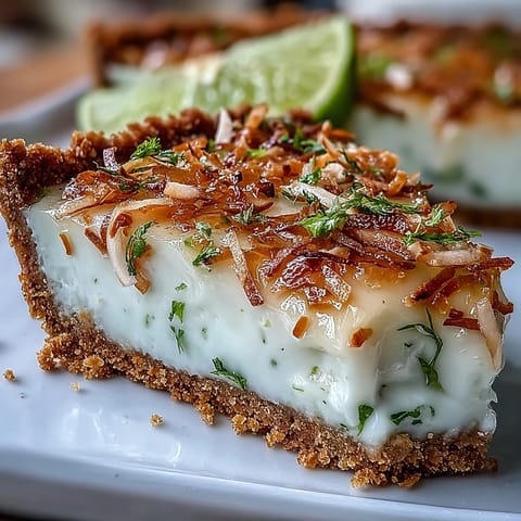 Close-up of a vibrant Coconut Lime Tart swirled with whipped cream.