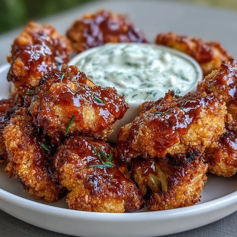 Smoky BBQ cauliflower wings, baked golden, ready to dip in ranch.