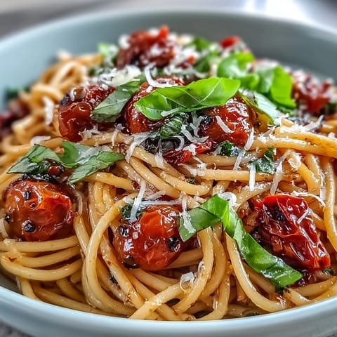 Cherry tomato confit pasta with garlic oil ready to be devoured.
