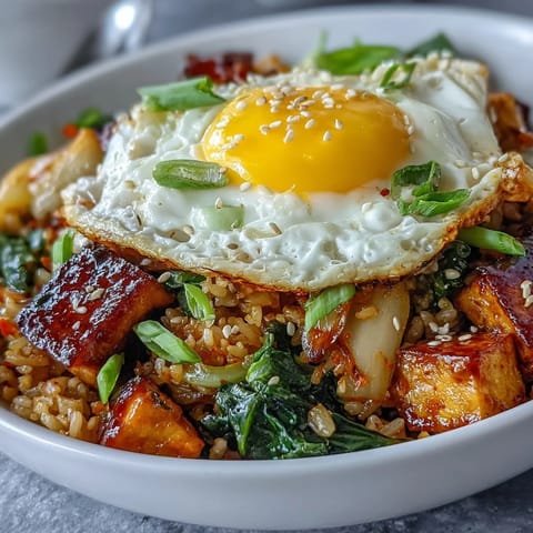 Steaming Korean fermented cabbage kimchi fried rice bowl, topped with a perfect sunny-side-up egg.