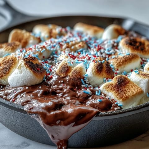 Gooey 4th of July S'mores Dip bubbling in a cast iron skillet, ready for dipping.