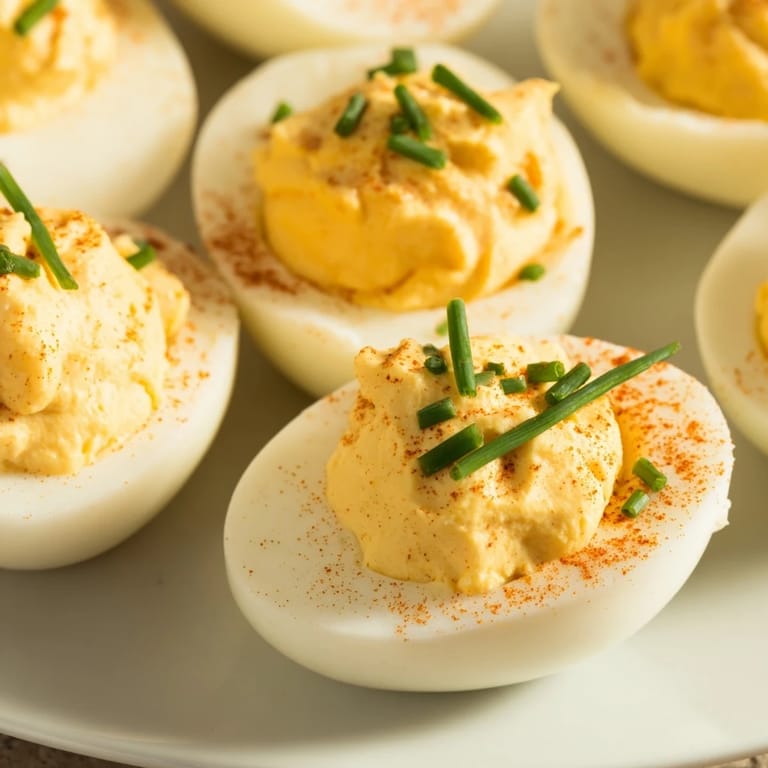 Homemade deviled eggs with tangy mustard and mayonnaise filling, sprinkled with smoked paprika for a festive gathering.