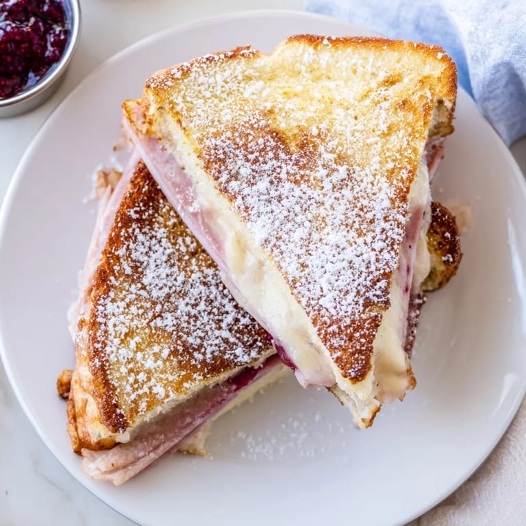 Powdered sugar lightly dusted on a warm Monte Cristo sandwich, served alongside a small dish of vibrant raspberry preserves. Ready to eat.