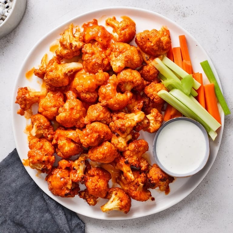 A skillet of spicy Buffalo Cauliflower Wings served with blue cheese dip and crunchy carrot sticks.