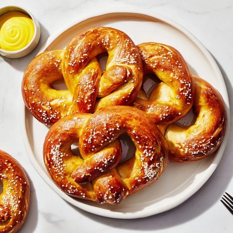 Freshly baked Soft Pretzels brushed with egg wash, glistening with coarse salt and served alongside mustard.