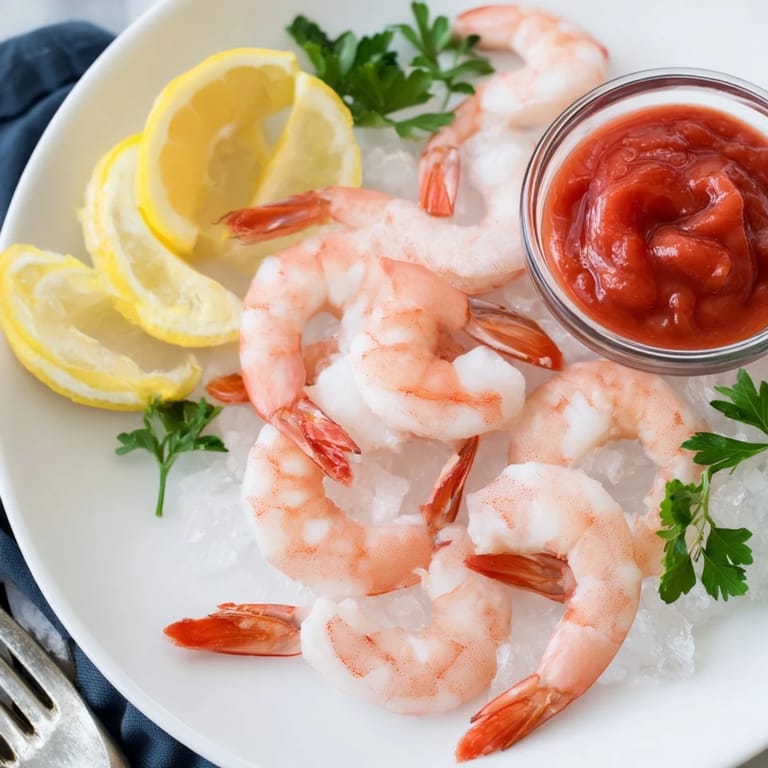 Freshly boiled shrimp cocktail with a tangy homemade sauce and parsley garnish, ready to serve as a classic appetizer.