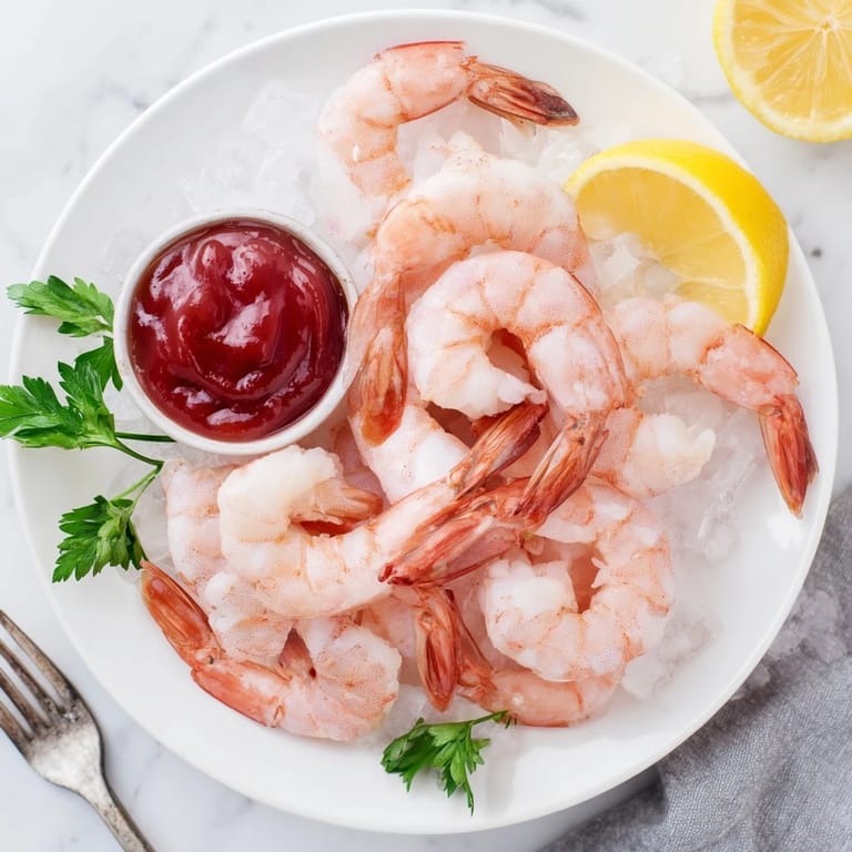 Platter of classic shrimp cocktail with bold, spicy sauce, perfect for a party or an easy, light starter.