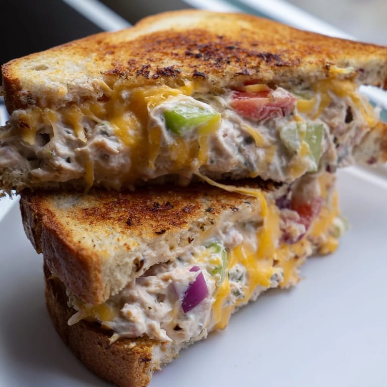 Warm, open-faced Tuna Melt featuring golden crusty bread, melted cheddar, and fresh tomato, ready to eat.