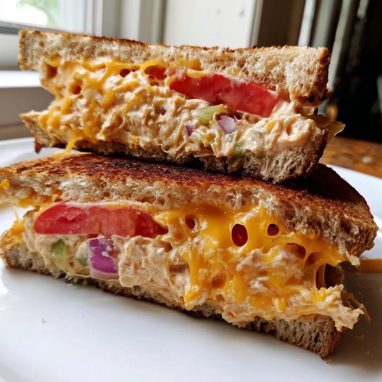 A perfectly grilled Tuna Melt sandwich overflowing with creamy tuna salad and bubbly cheese.
