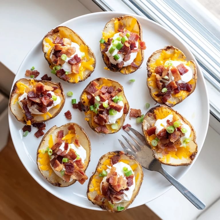 Fully loaded Potato Skins topped with sour cream and scallions, served hot from the oven for a savory game day snack.