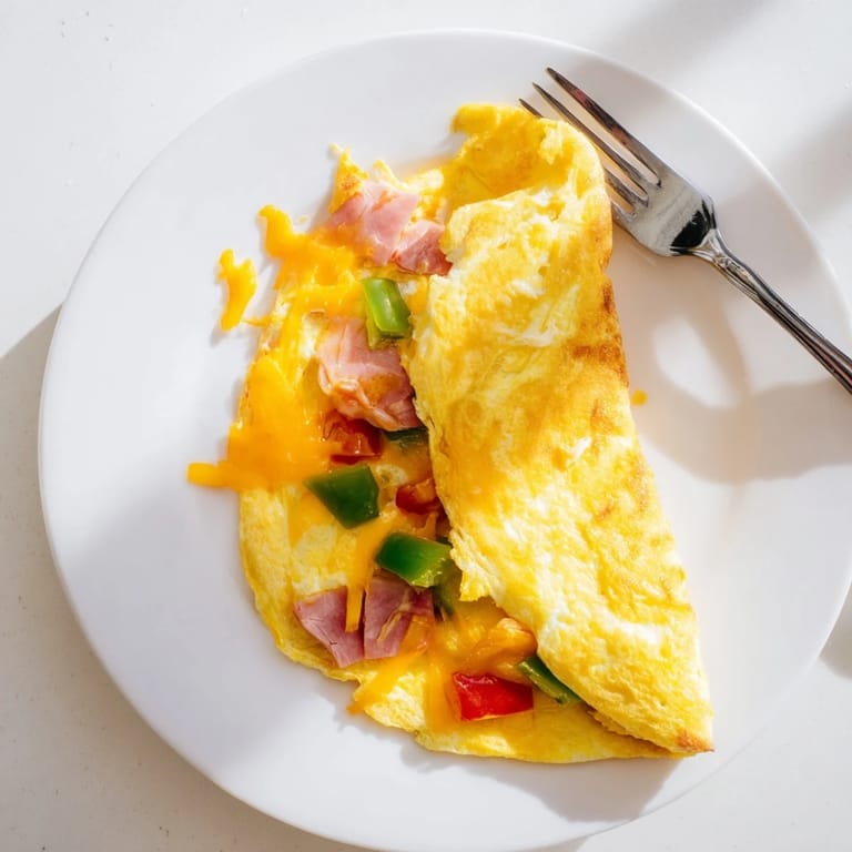 Denver Omelet recipe presented on a plate, garnished with herbs and a side of golden hash browns.