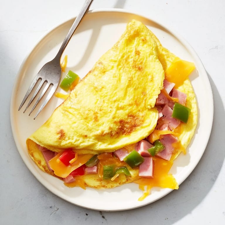 A freshly cooked Denver Omelet folded over melted cheddar, ham, and peppers, ready for a hearty breakfast.