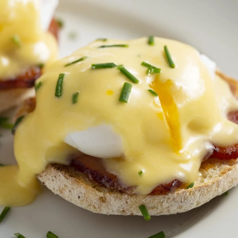 Brightly lit plate of rich Eggs Benedict garnished with fresh chives, ready for a savory breakfast serving suggestion.