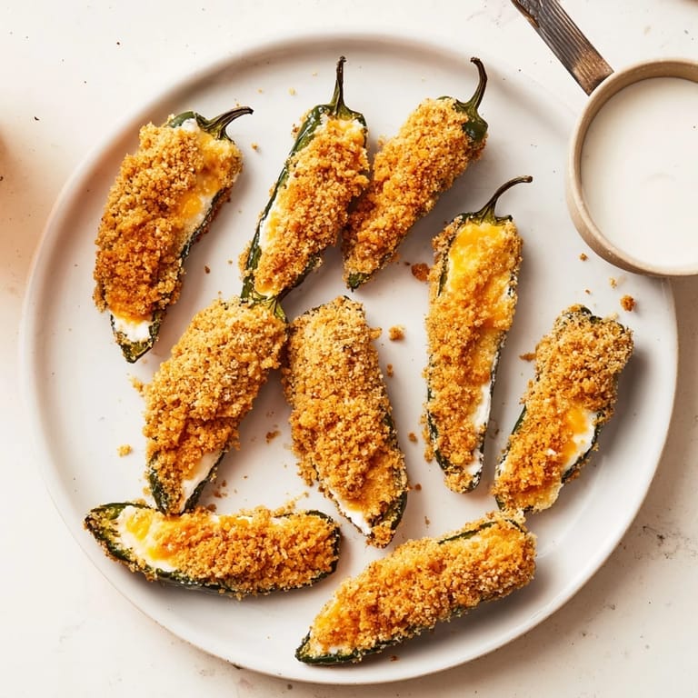 Crunchy breaded jalapeño poppers with melted cheddar filling, served hot on a white platter with fresh herbs.