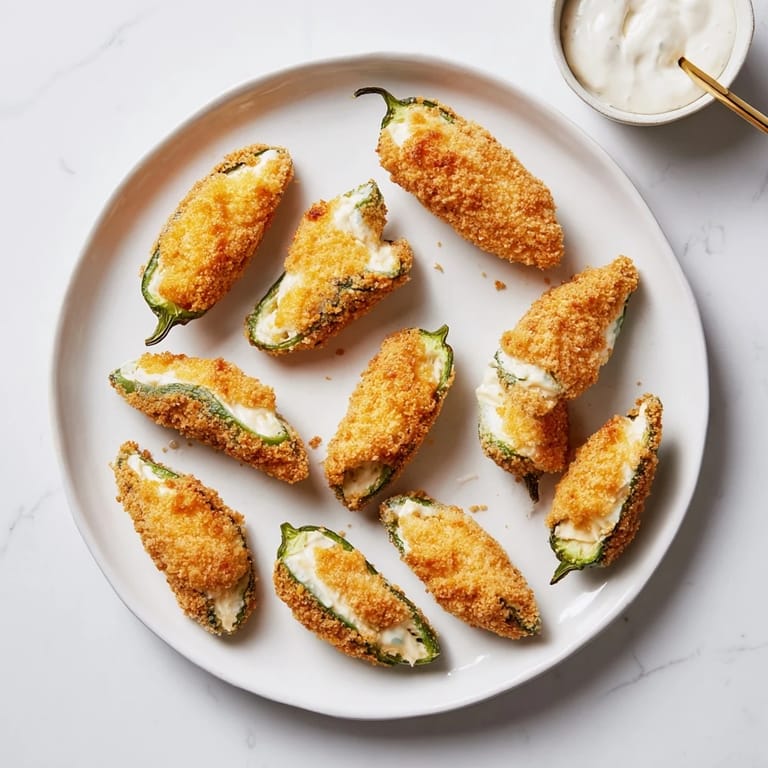 Freshly fried jalapeño poppers with golden crumbs, paired with a bowl of cool ranch dip for dipping.