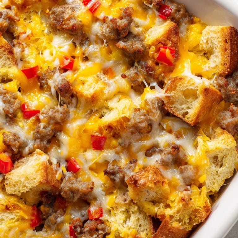 Sliced portion of a hearty Breakfast Sausage Casserole showing fluffy egg texture and colorful bell peppers on a rustic plate.
