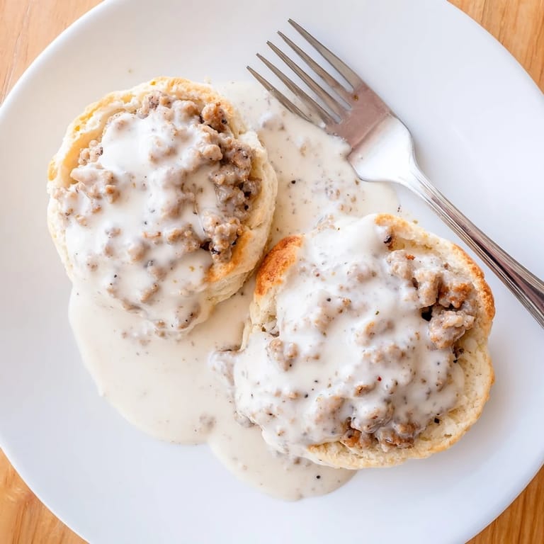 Warm biscuits and gravy garnished with cracked black pepper, served alongside a steaming cup of coffee on a rustic table.