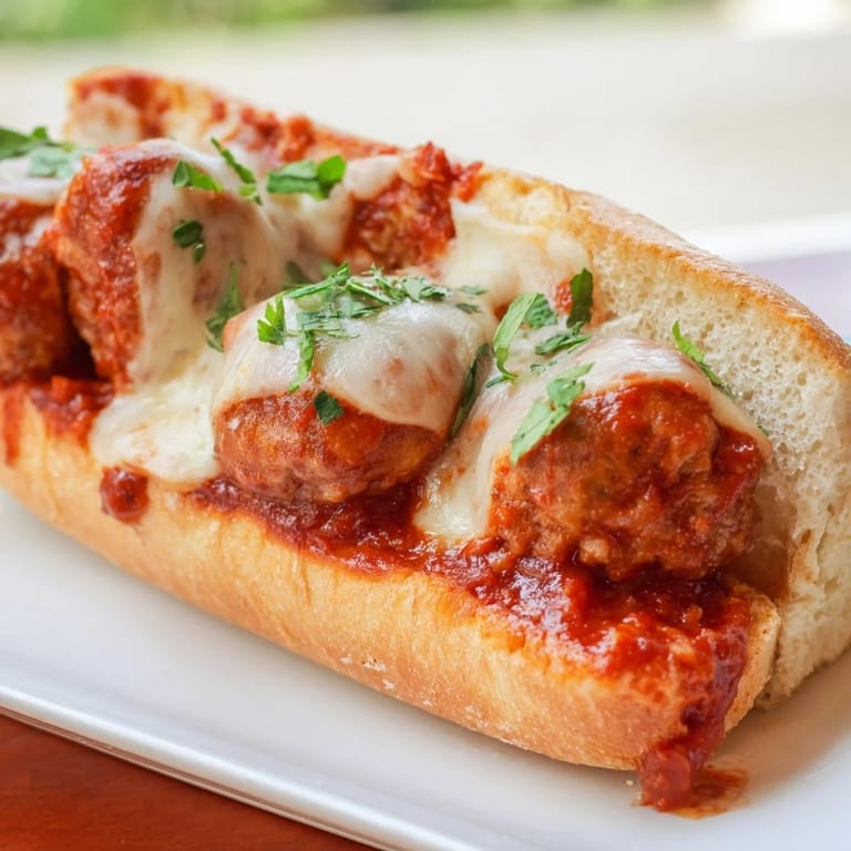 Close-up of a Meatball Sub, showing rich marinara sauce dripping from tender meatballs and gooey melted provolone.