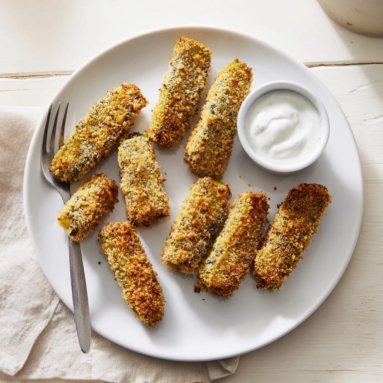 Freshly fried dill pickle spears with a crunchy breadcrumb coating, served hot with ranch for a classic appetizer.