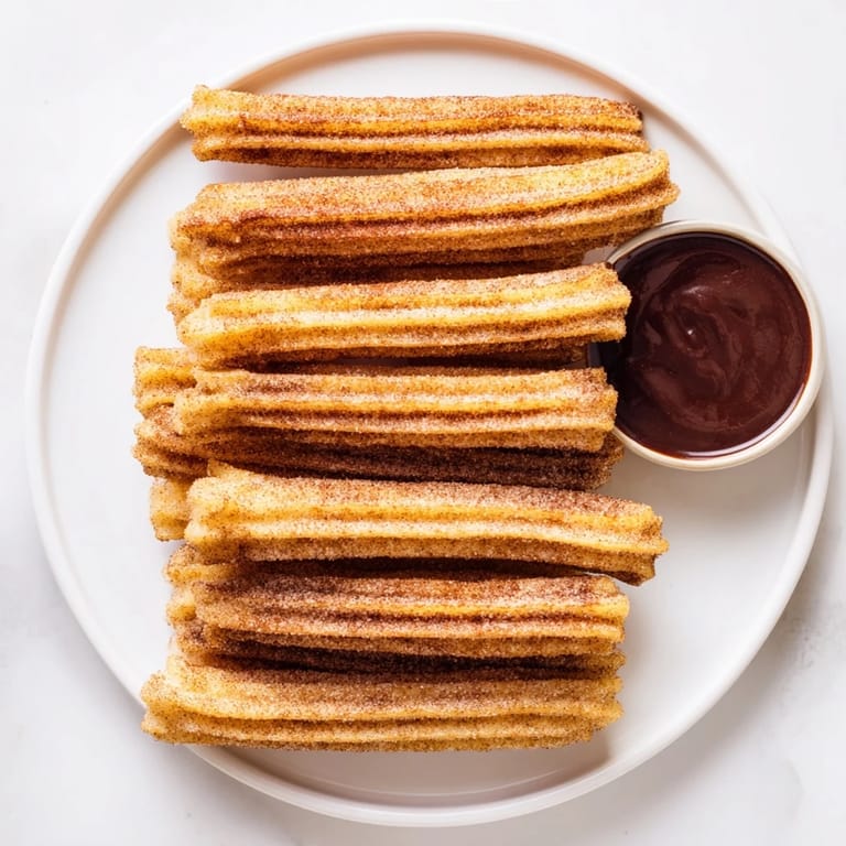 Close-up of Spanish-style churros dusted with cinnamon sugar next to a small bowl of melted chocolate.