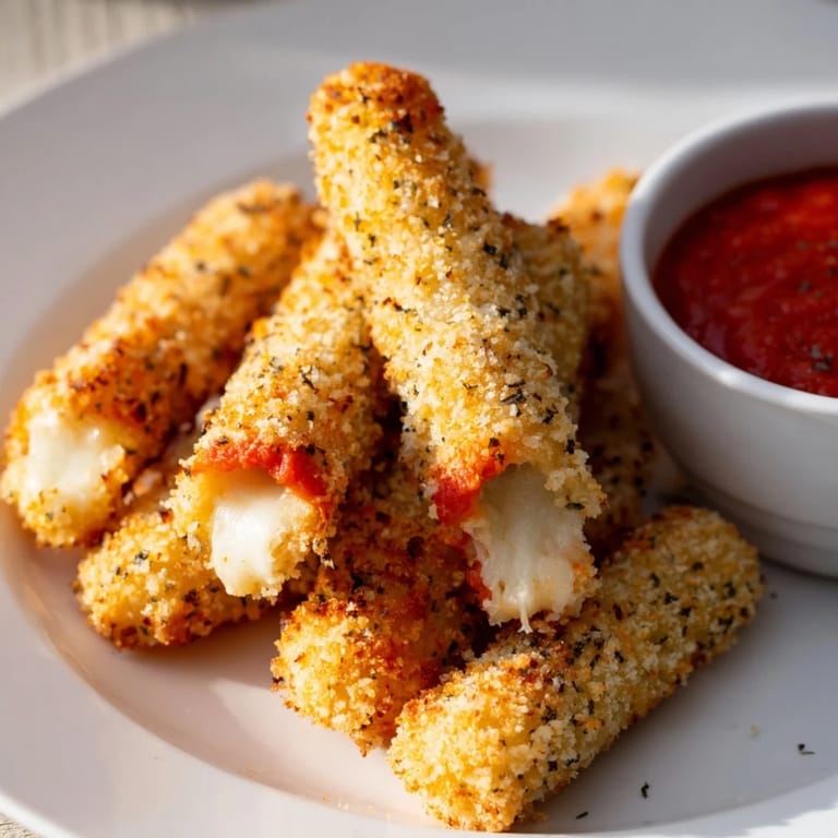 Mozzarella sticks with a crunchy exterior and gooey, melted cheese center, displayed on a white plate ready to snack.