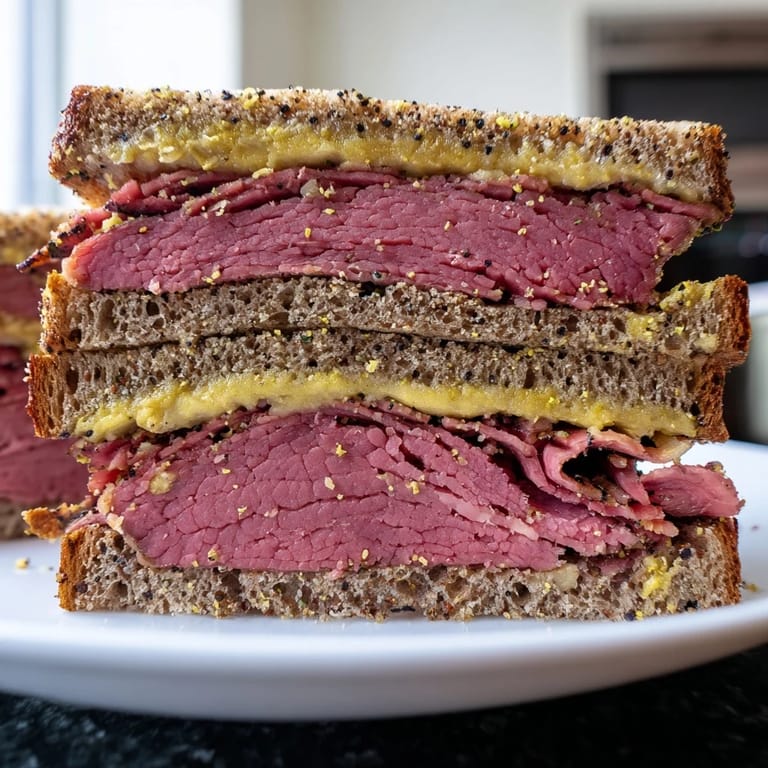 Stacked high with pastrami, the classic Pastrami on Rye is served with a deli pickle spear and sharp mustard.