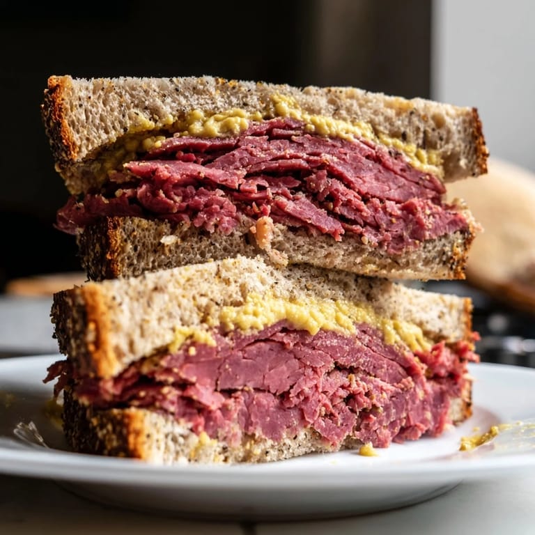 Freshly made Pastrami on Rye, a New York classic, featuring rye bread, mustard, and steaming hot pastrami slices.