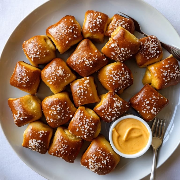 Stack of soft pretzel bites brushed with egg wash, ready to be dipped in creamy cheese sauce.