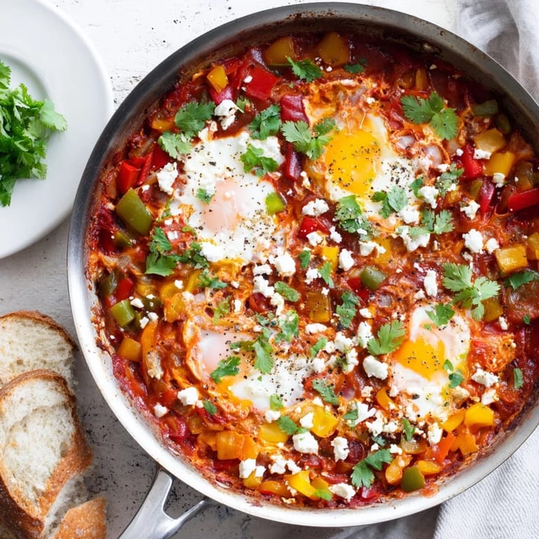 Freshly chopped cilantro and crumbled feta garnish a skillet of homemade shakshuka, ready to serve.
