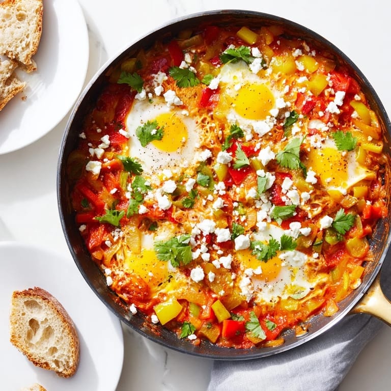 Sizzling shakshuka in a cast iron pan, paired with crusty bread for dipping into runny yolks.