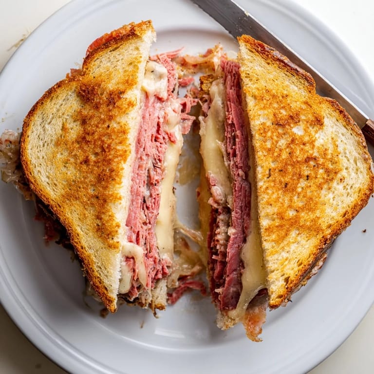 A classic deli-style Reuben sandwich oozing melted Swiss cheese, paired with crunchy potato chips and dill pickles.