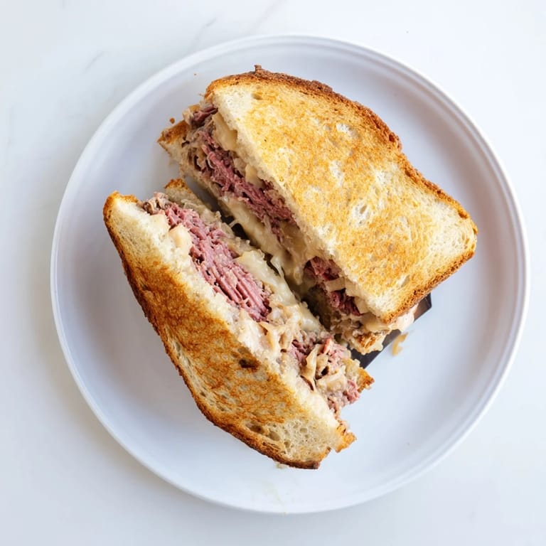 Grilled Reuben sandwich on rye bread with sauerkraut and Russian dressing, served hot on a rustic plate.