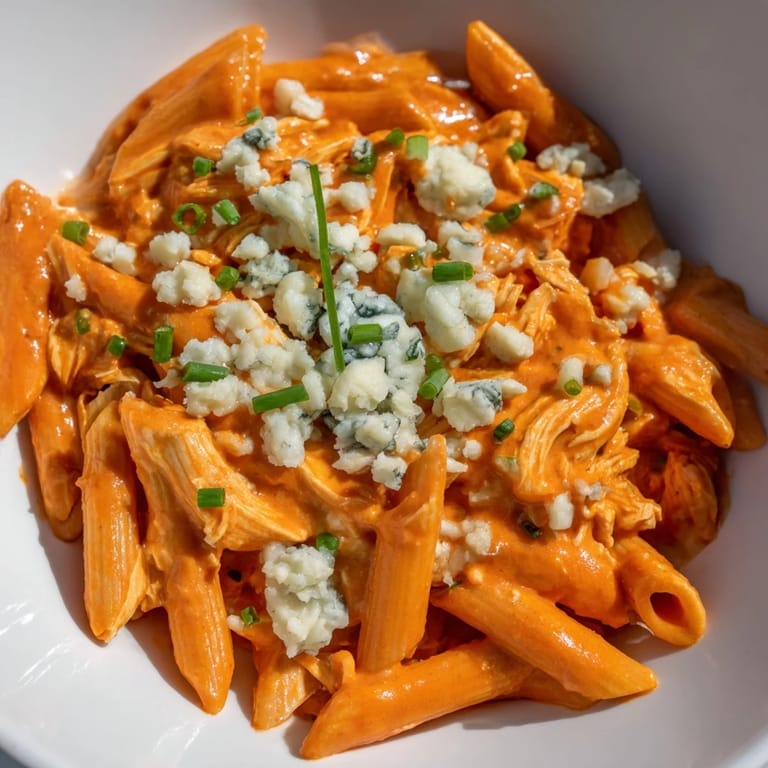 Overhead shot of Buffalo Chicken Pasta served in a skillet, with bubbling melted mozzarella and a drizzle of buffalo sauce, garnished with chopped green onions.