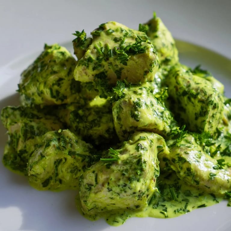 A close-up of Green Goddess Chicken Salad, featuring juicy chicken tossed in vibrant green dressing, served over a bed of fresh salad greens and vegetables.