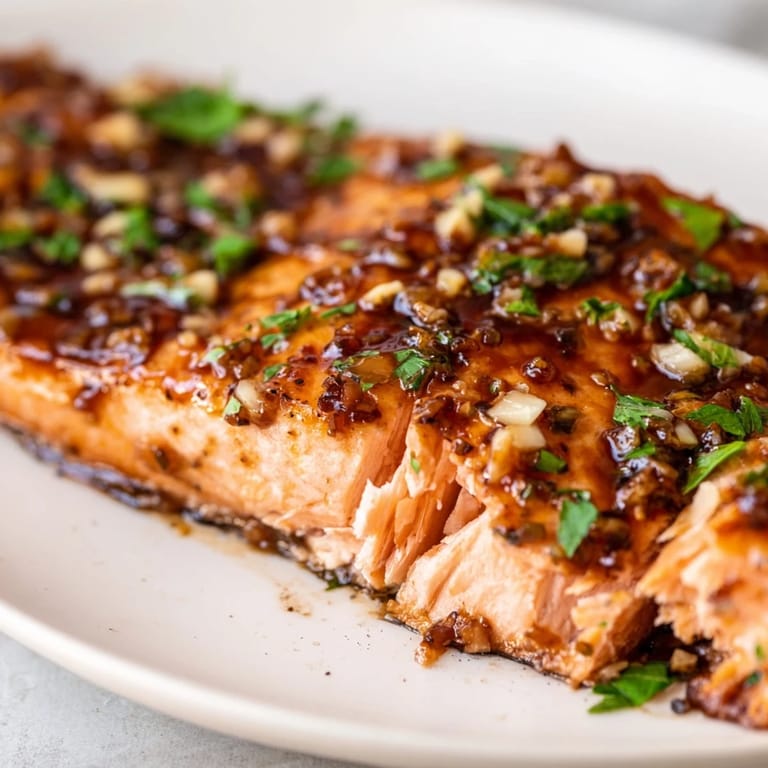 Golden-baked Honey Garlic Glazed Salmon fillets served on a platter with lemon wedges and a sprinkle of green herbs.  
