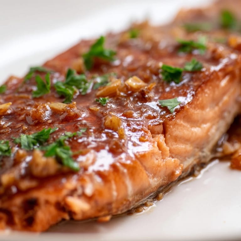 Tender, oven-roasted Honey Garlic Glazed Salmon fillets glistening with a sweet and savory sauce, ready to serve.