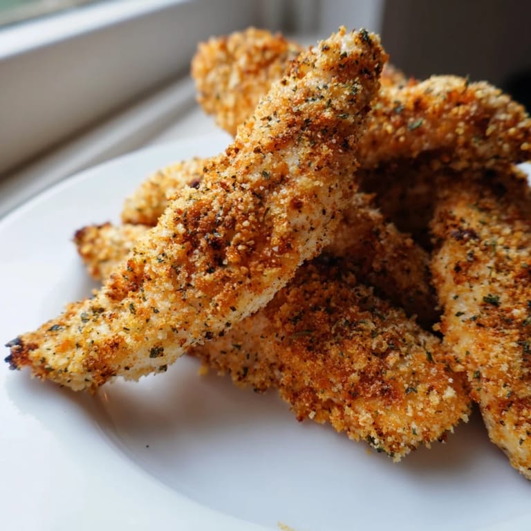 Crispy Panko Chicken Strips on a rustic platter, showing golden herbed crumbs and juicy chicken, perfect for family dinners.